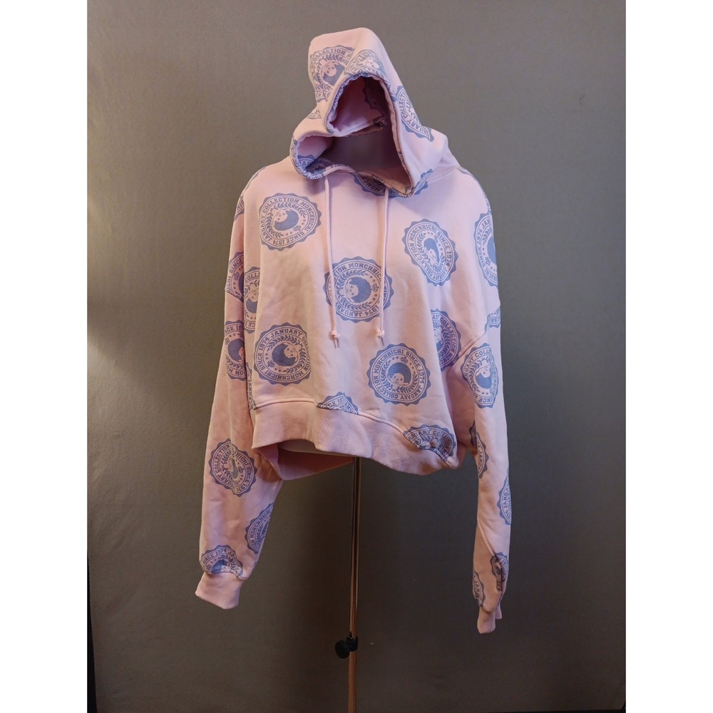 Monchhichi Hoodie Pink Size Large Hooded Crop Pullover Sweatshirt Retro Kawaii